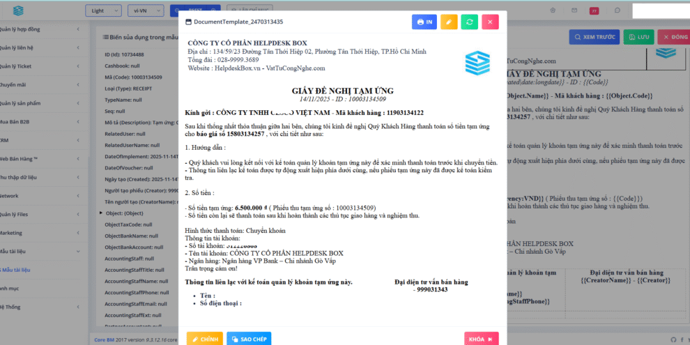 Mẫu tạm ứng dùng cho sales tại không gian 360 Deal